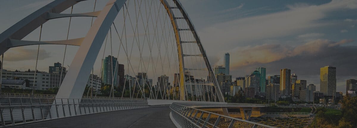 The Walterdale Bridge and downtown Edmonton skyline at dusk