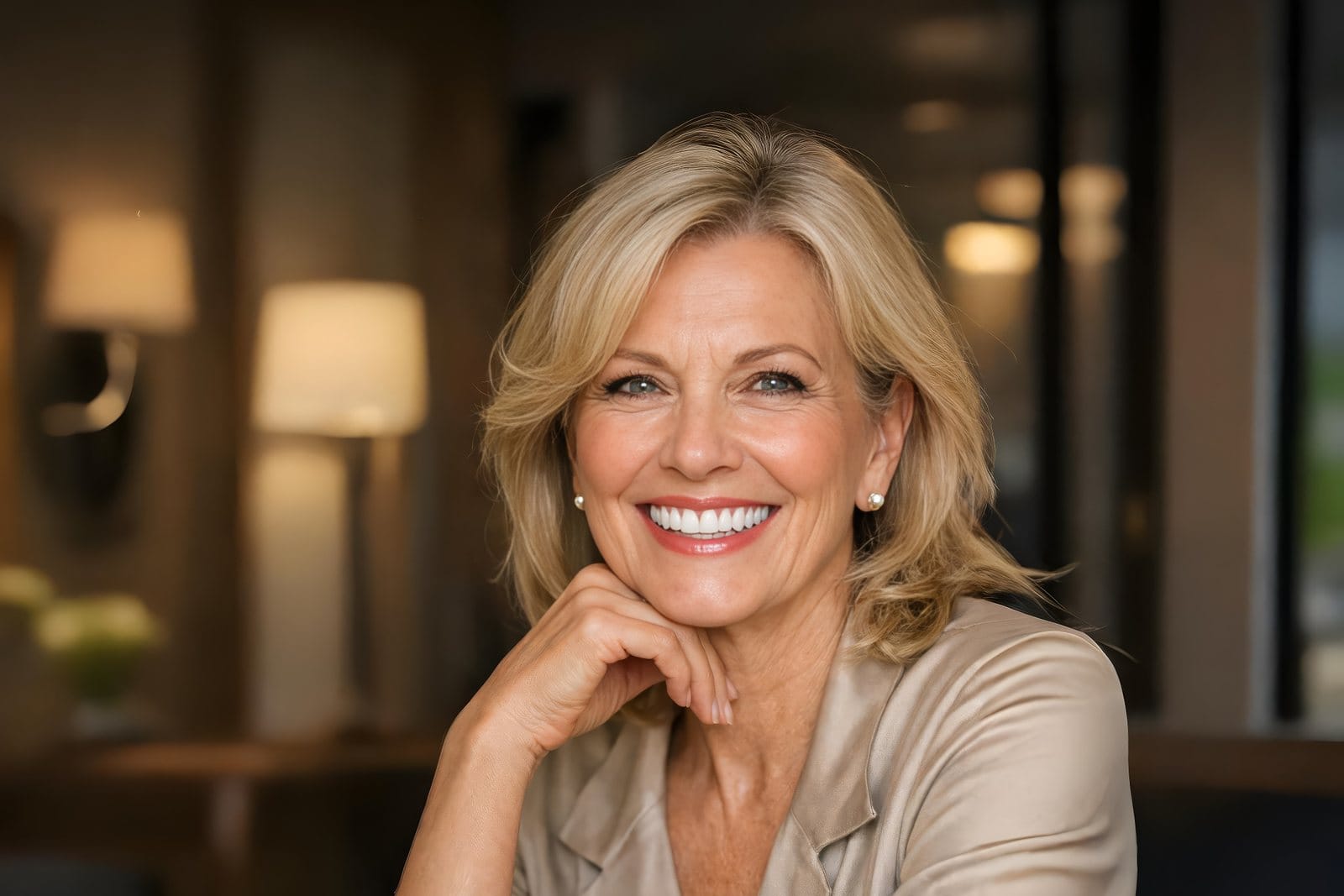 A smiling woman with shoulder-length blonde hair resting her chin on her hand