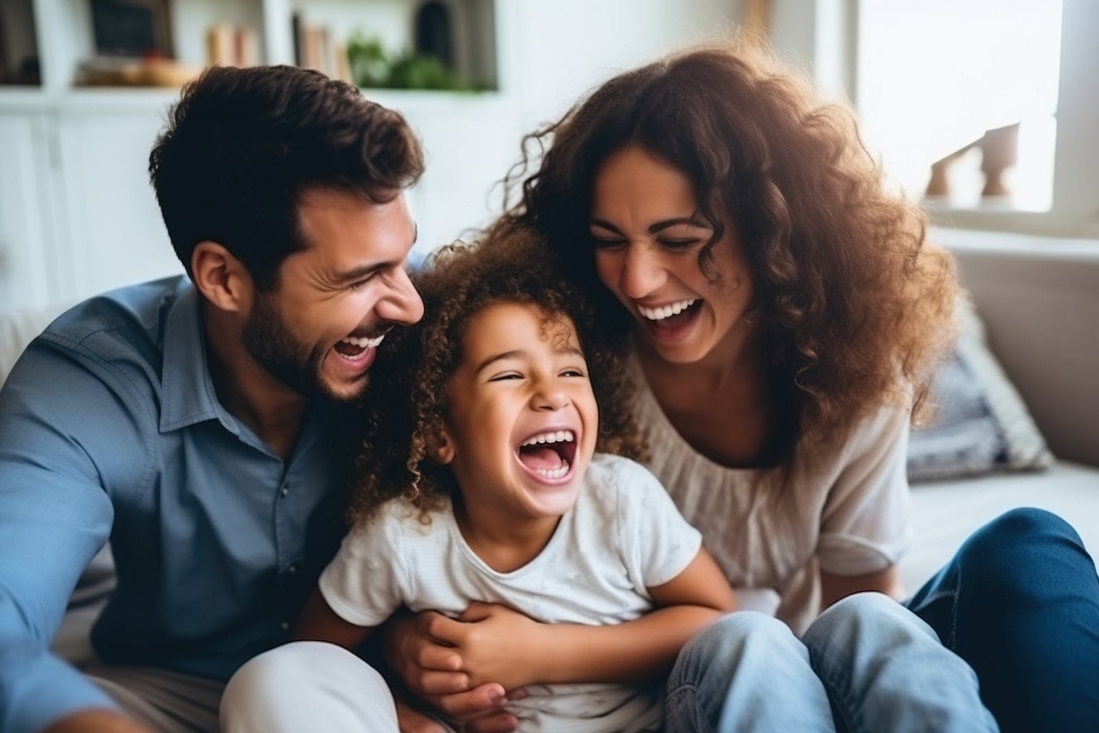 A father, mother and young daughter laughing together at home
